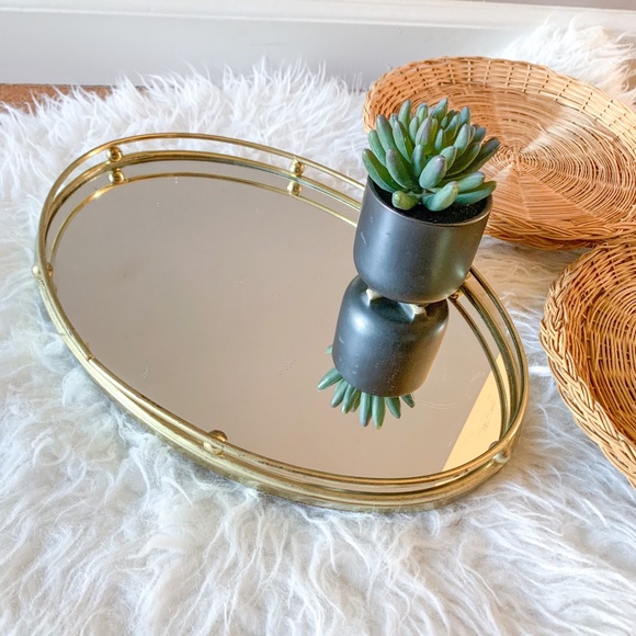 Vintage Mid-Century Modern Mirrored Gold Brass Oval Vanity Tray